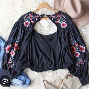Free People Black Floral Embroidered Blouse